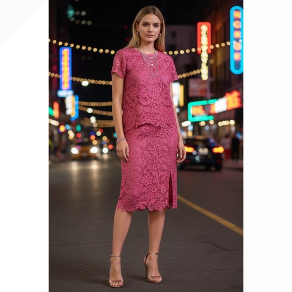 Bisou Bisou‎ Lace Skirt Set Womens Large Pink Excellent Floral Midi 2 Piece